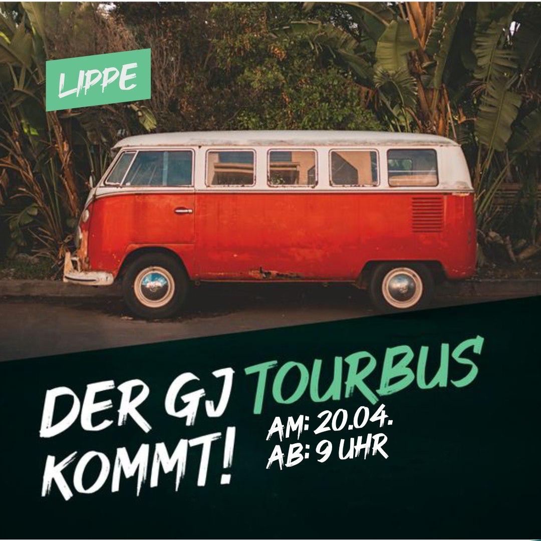 rot-weißer VW Bus T1 - Text: Lippe - Der GJ Tourbus kommt am 20.04. ab 9 Uhr